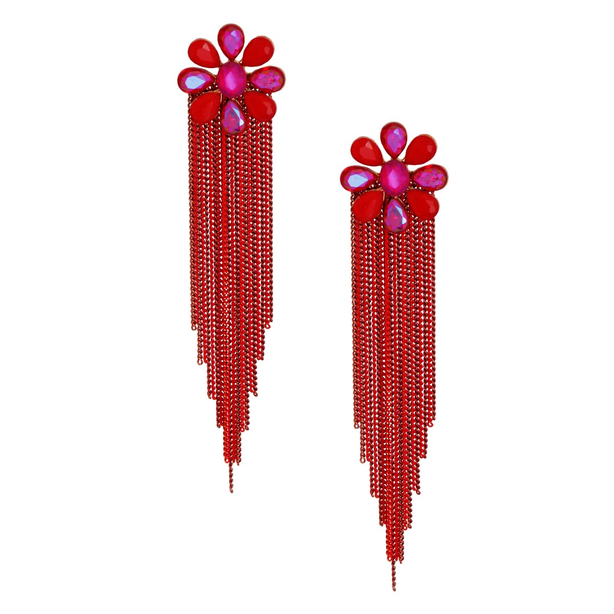 Red Flower and Fringe Earrings