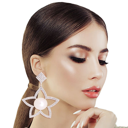 White Pearl and Stone Star Earrings