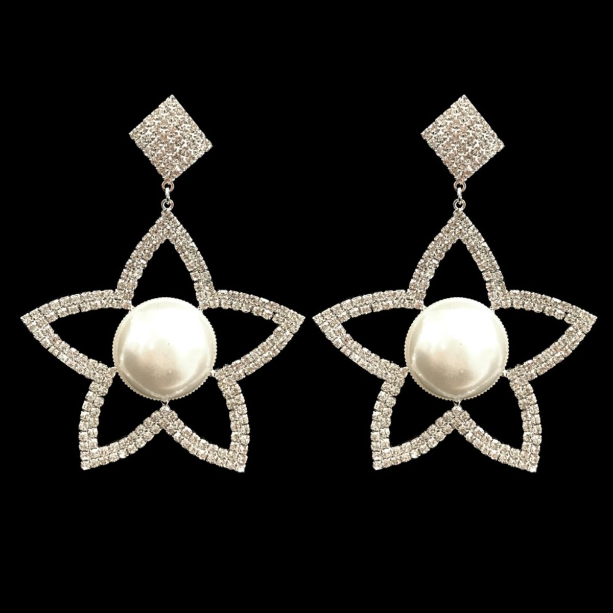 White Pearl and Stone Star Earrings