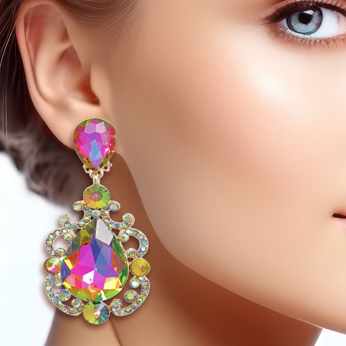 Clip On Pink Green Medium Crystal Earrings Women