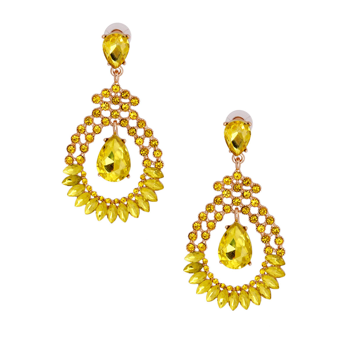 Yellow Dangle Teardrop Rhinestone Earrings