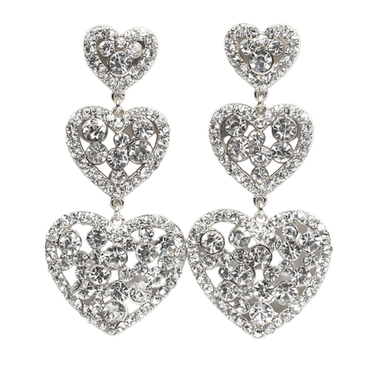 Silver Crystal Triple Heart Earrings