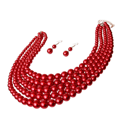 Wine Multi Strand Pearl Necklace Set