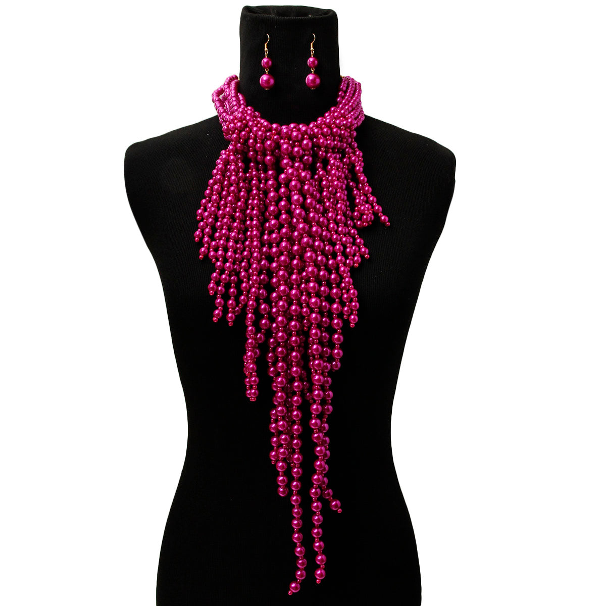 Fuchsia Pearl Fringe Necklace Set