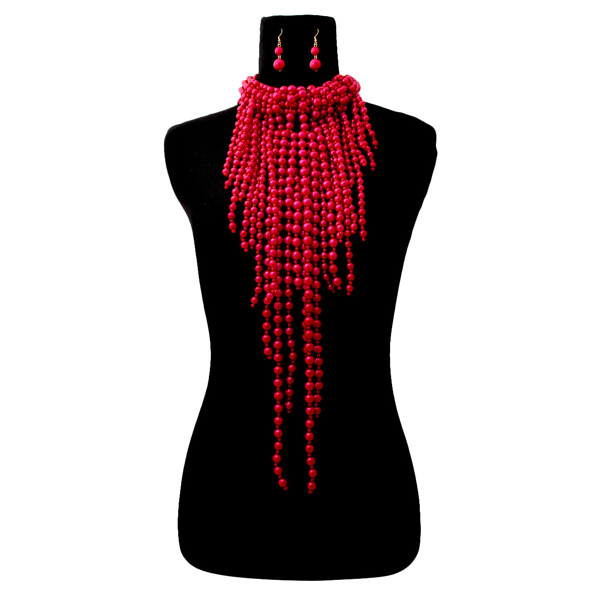 Red Pearl Fringe Necklace Set