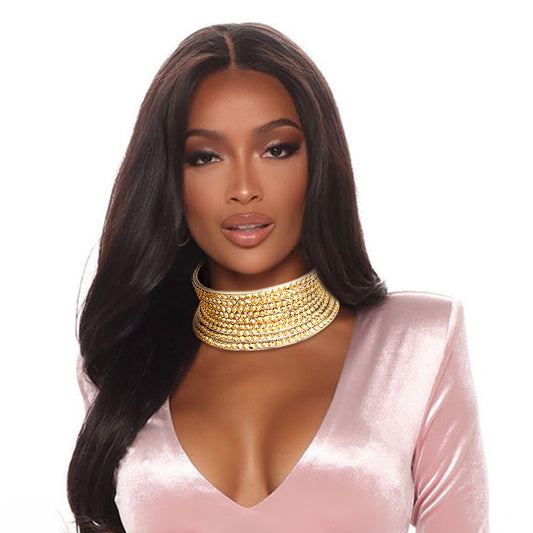 Gold Faux Leather Crystal Choker