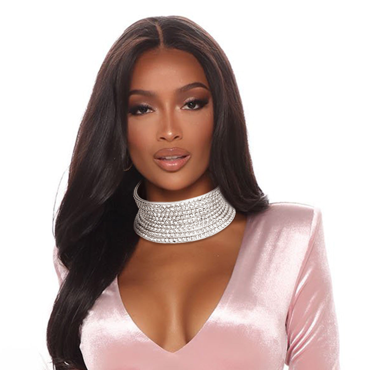 Silver Faux Leather Crystal Choker