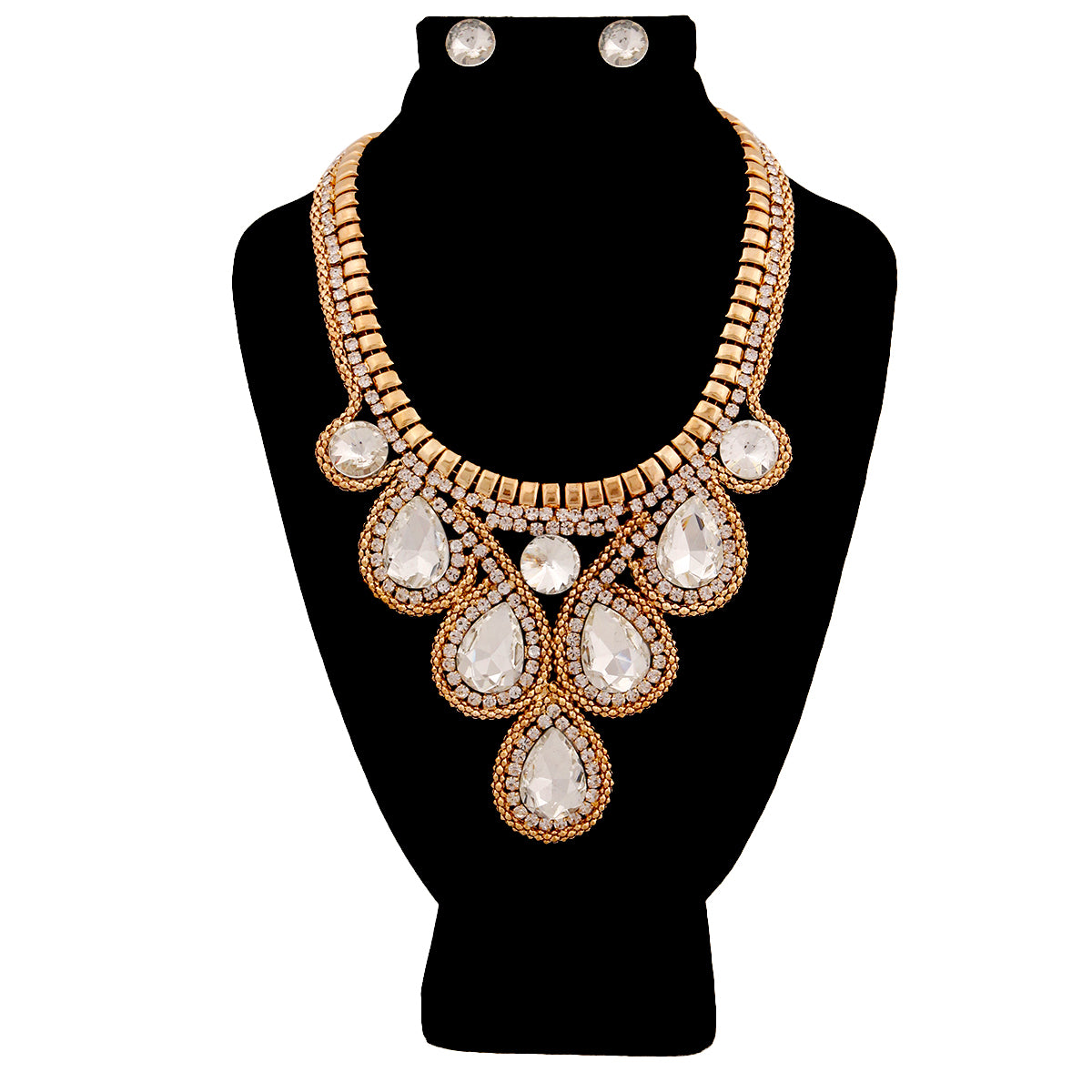 Gold and Teardrop Crystal Rhinestone Bib Necklace Set