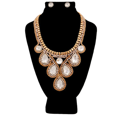 Gold and Teardrop Crystal Rhinestone Bib Necklace Set