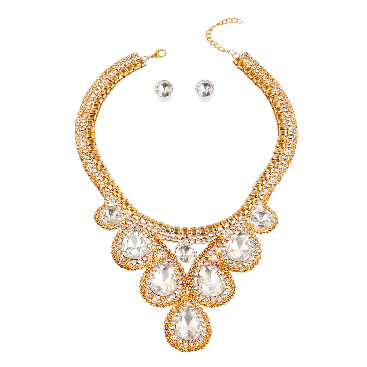 Gold and Teardrop Crystal Rhinestone Bib Necklace Set