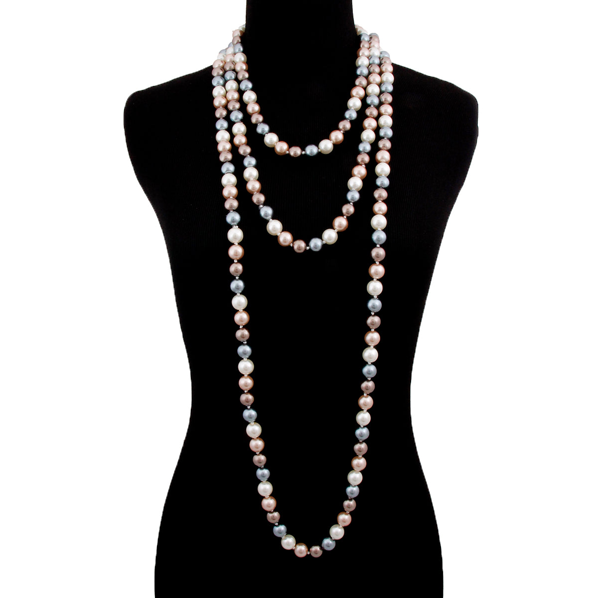 Gold, Cream, and Gray Glass Pearls Coco Designer Style Endless Necklace