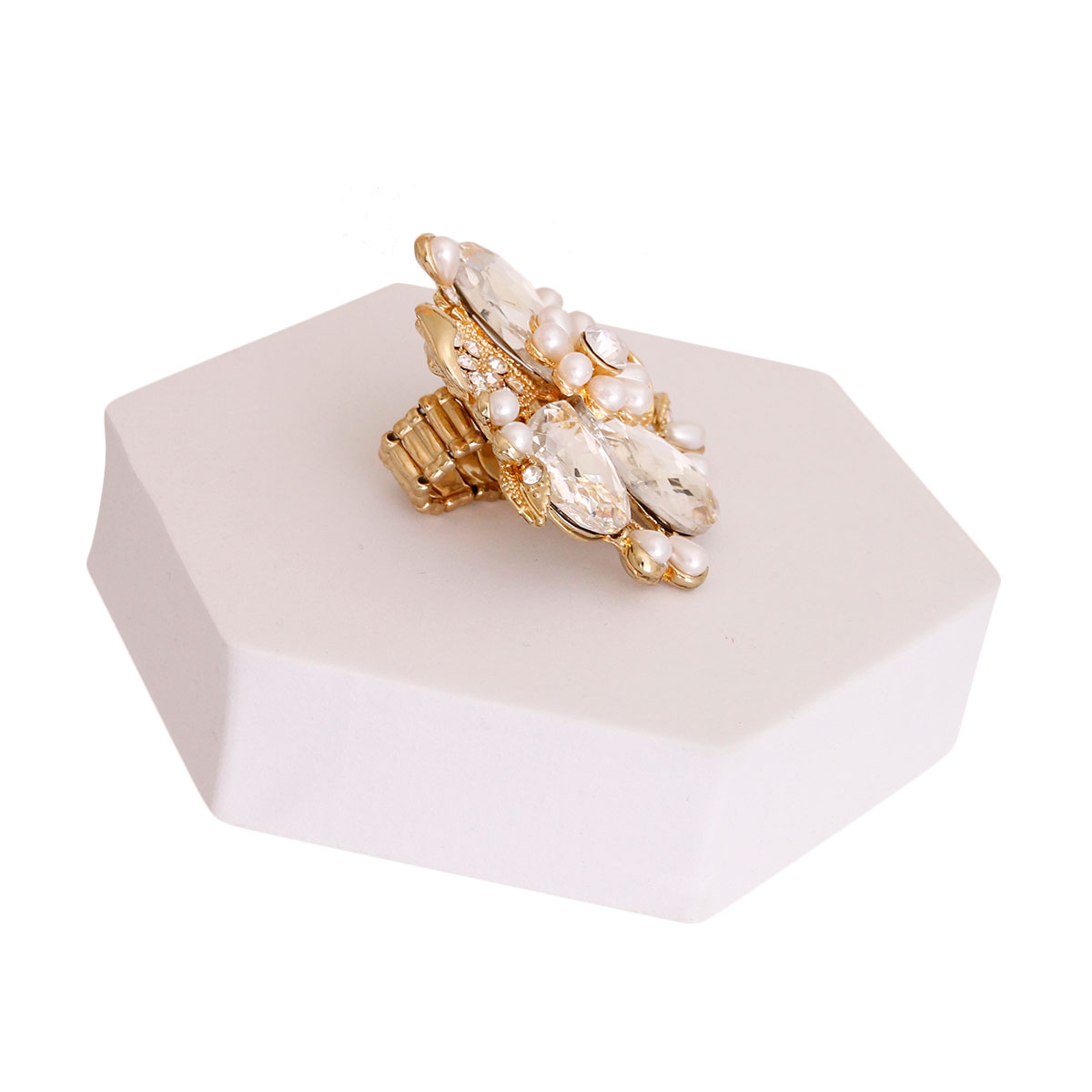 Gold Crystal Pearl Flower Ring