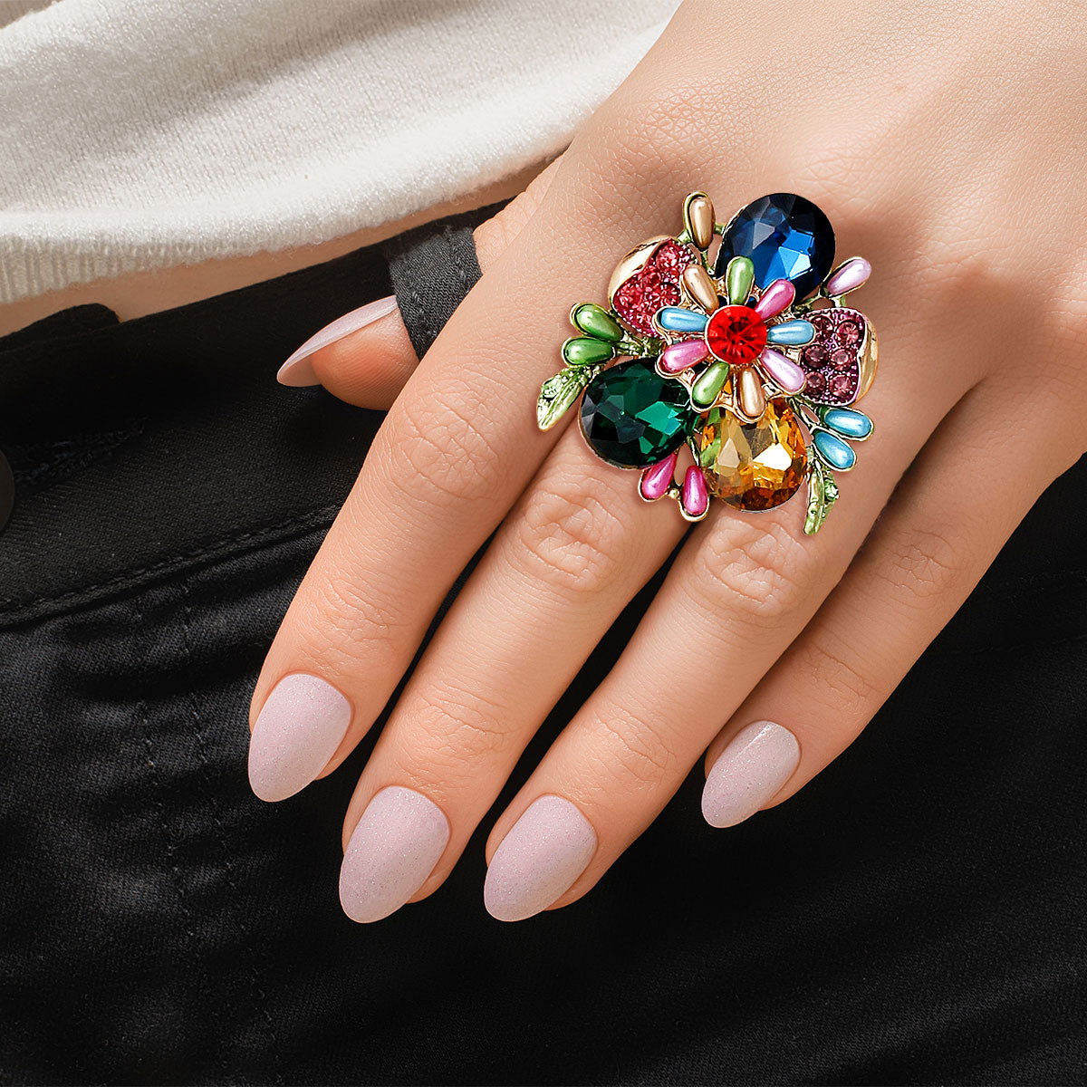 Multi Color Teardrop Pearl Flower Ring