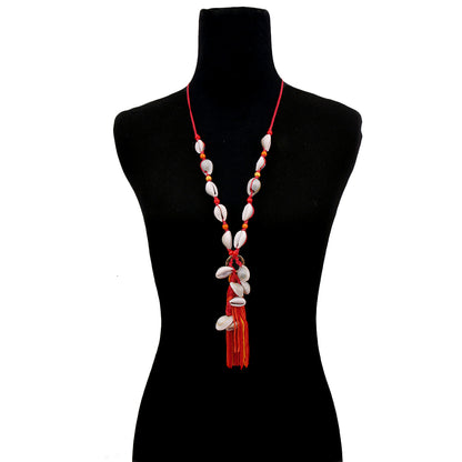 Red String and Cowrie Shell Long Tassel Necklace