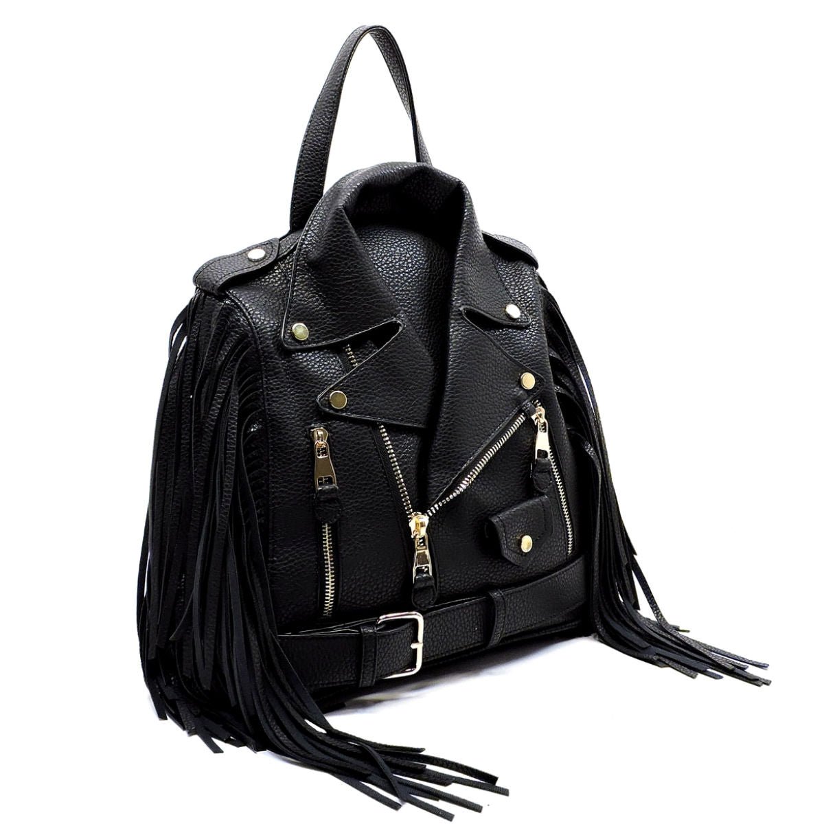 Black Moto Jacket Fringe Backpack