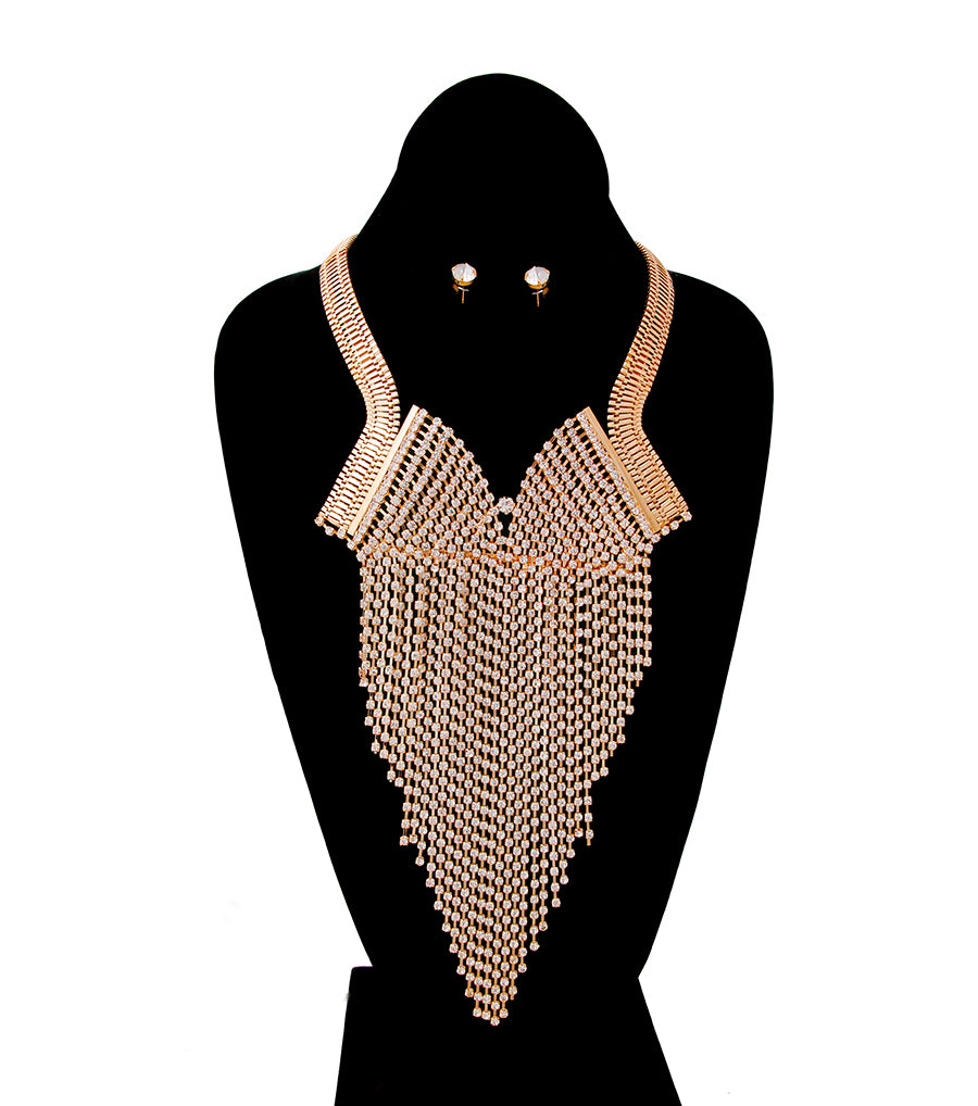 Gold and Rhinestone Sweetheart Shaped Top and Fringe Necklace Set