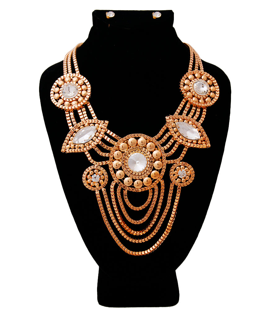 Gold Square Link and Crystal Drape Necklace Set