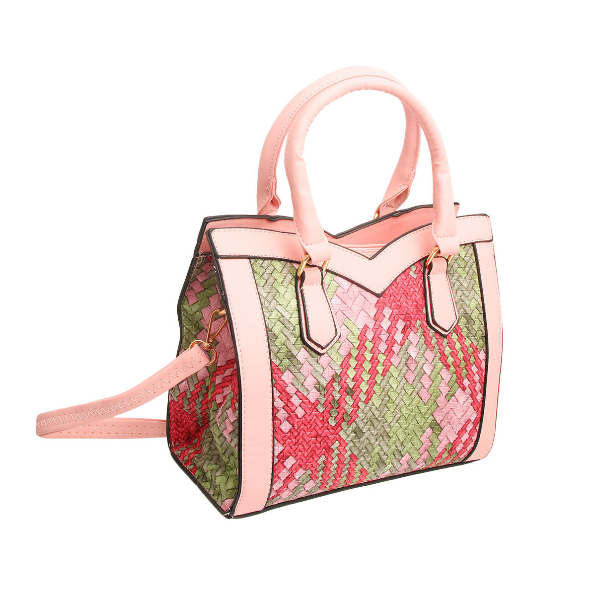 Pink Woven Leather Handbag Set