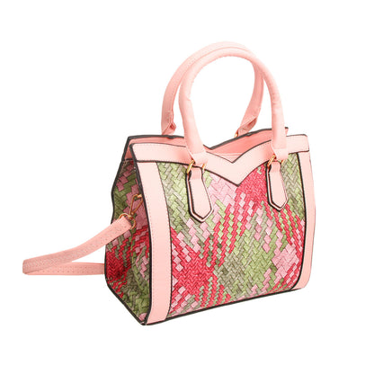 Pink Woven Leather Handbag Set