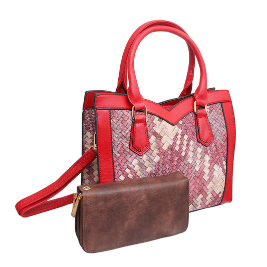 Red Woven Leather Handbag Set