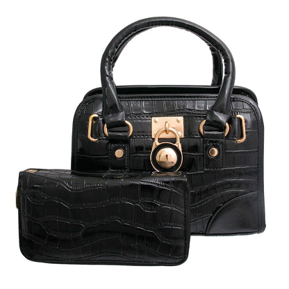 Shiny Black Croc Mini Satchel Set