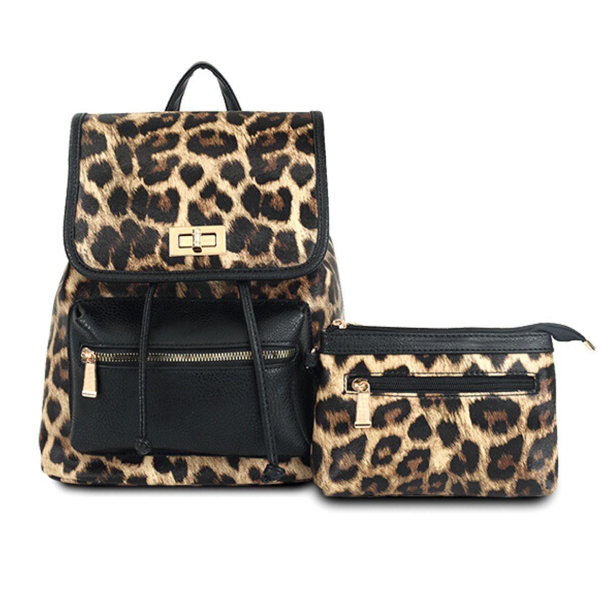 Black Leopard Flap Backpack Set
