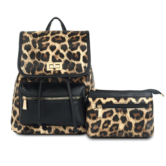 Black Leopard Flap Backpack Set