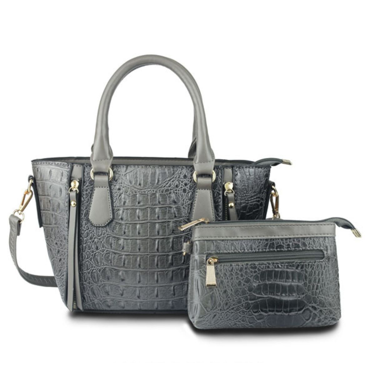 Gray Croc Tote Pouch Set