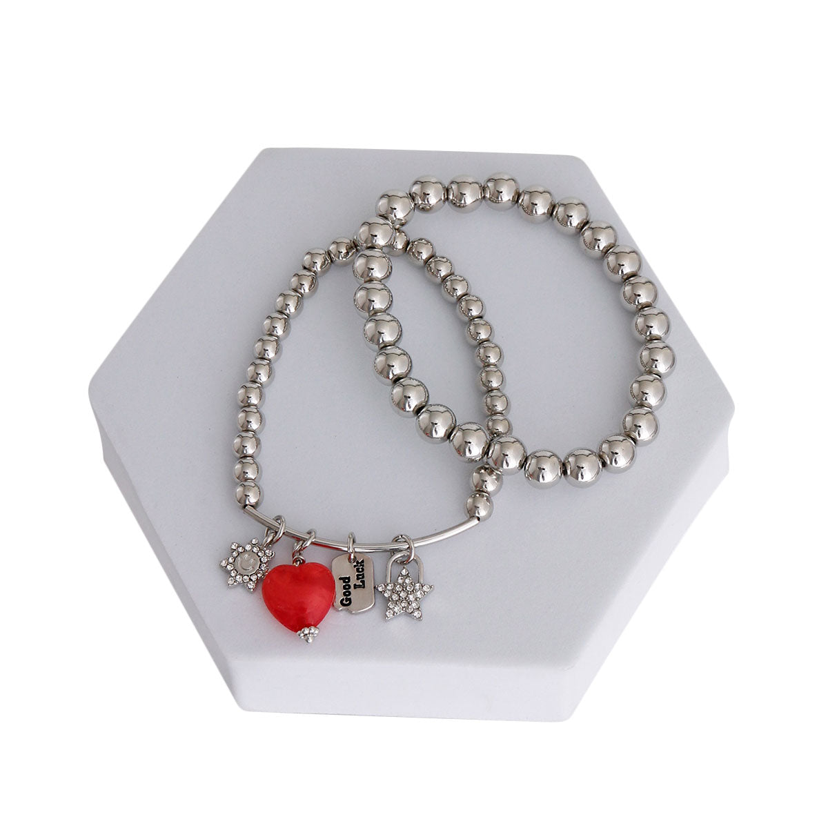 Silver Bead 2 Pcs Heart Charm Bracelets