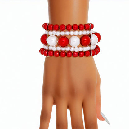 Bracelet Red White Stacked Pearls for Women