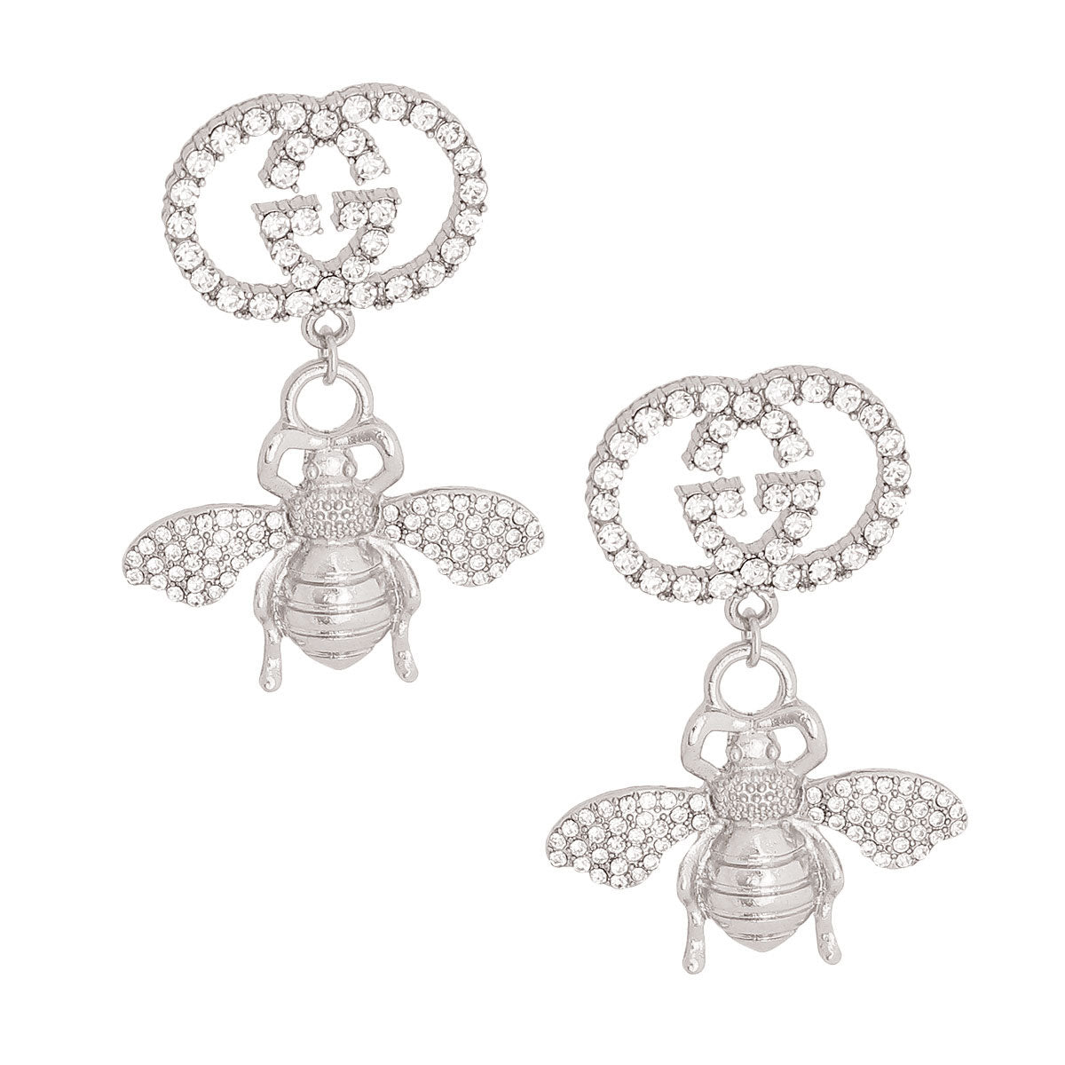 Silver Designer Logo Bee Earrings