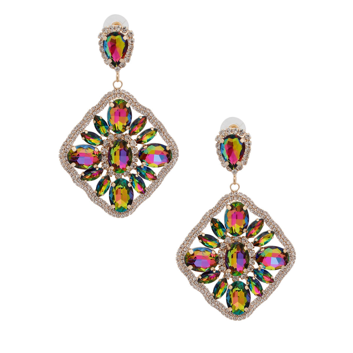 Pink Green Glass Crystal Diamond Earrings