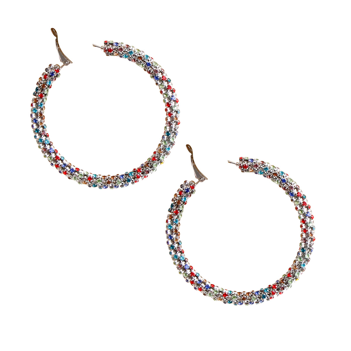 Multi Color Rhinestone Covered Silver Hoops