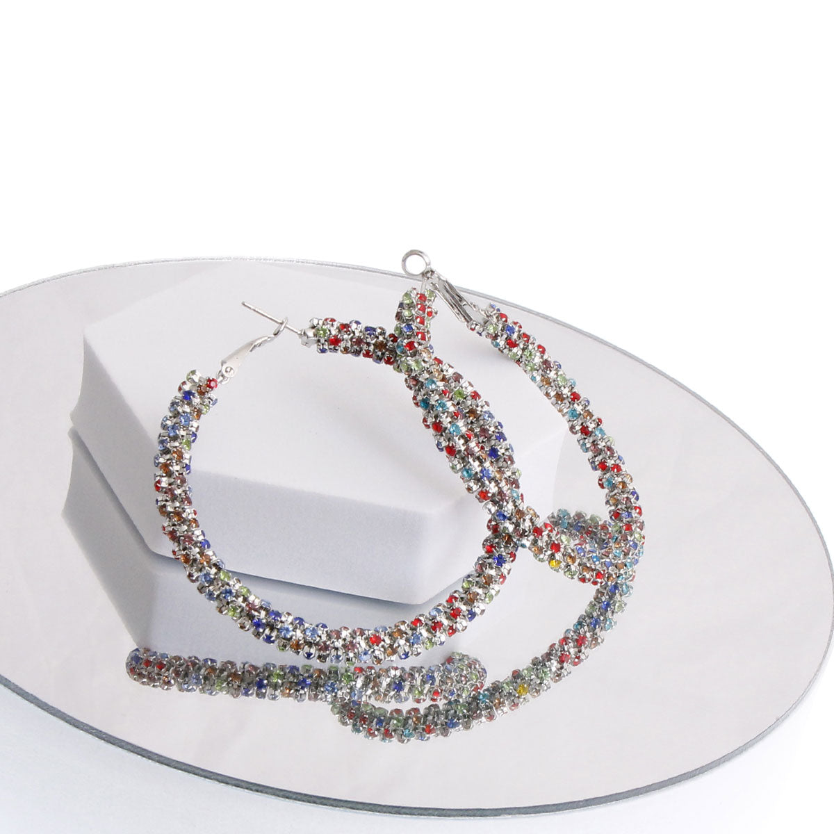 Multi Color Rhinestone Covered Silver Hoops