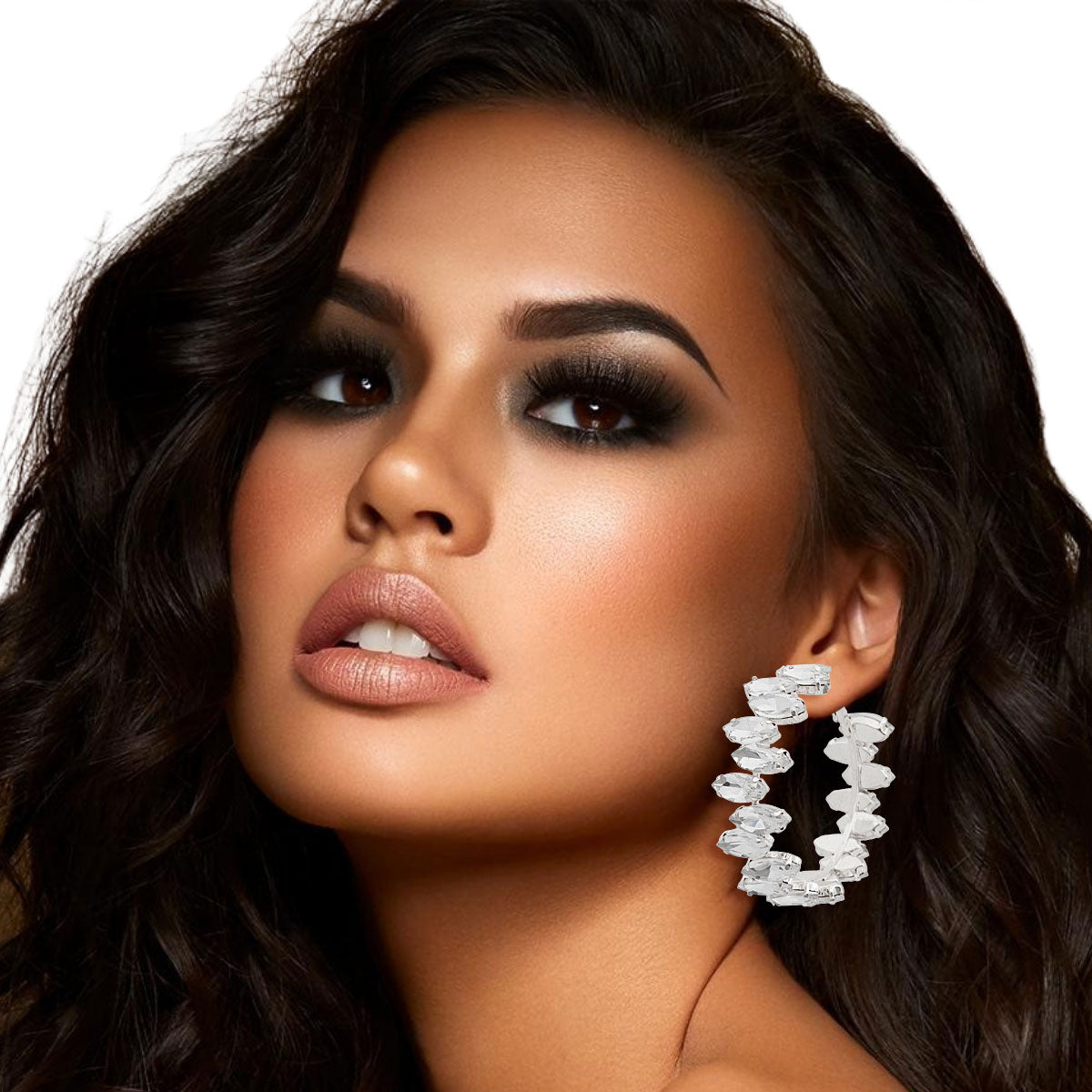 Silver Marquise Glass Crystal Hoops