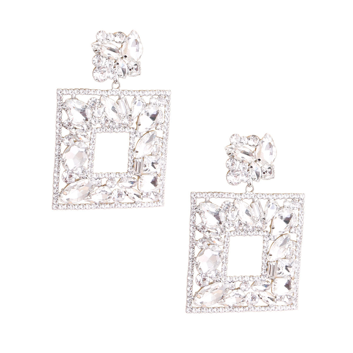 Elegant Silver Crystal Square Earrings