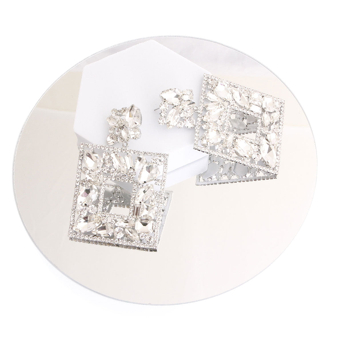 Elegant Silver Crystal Square Earrings