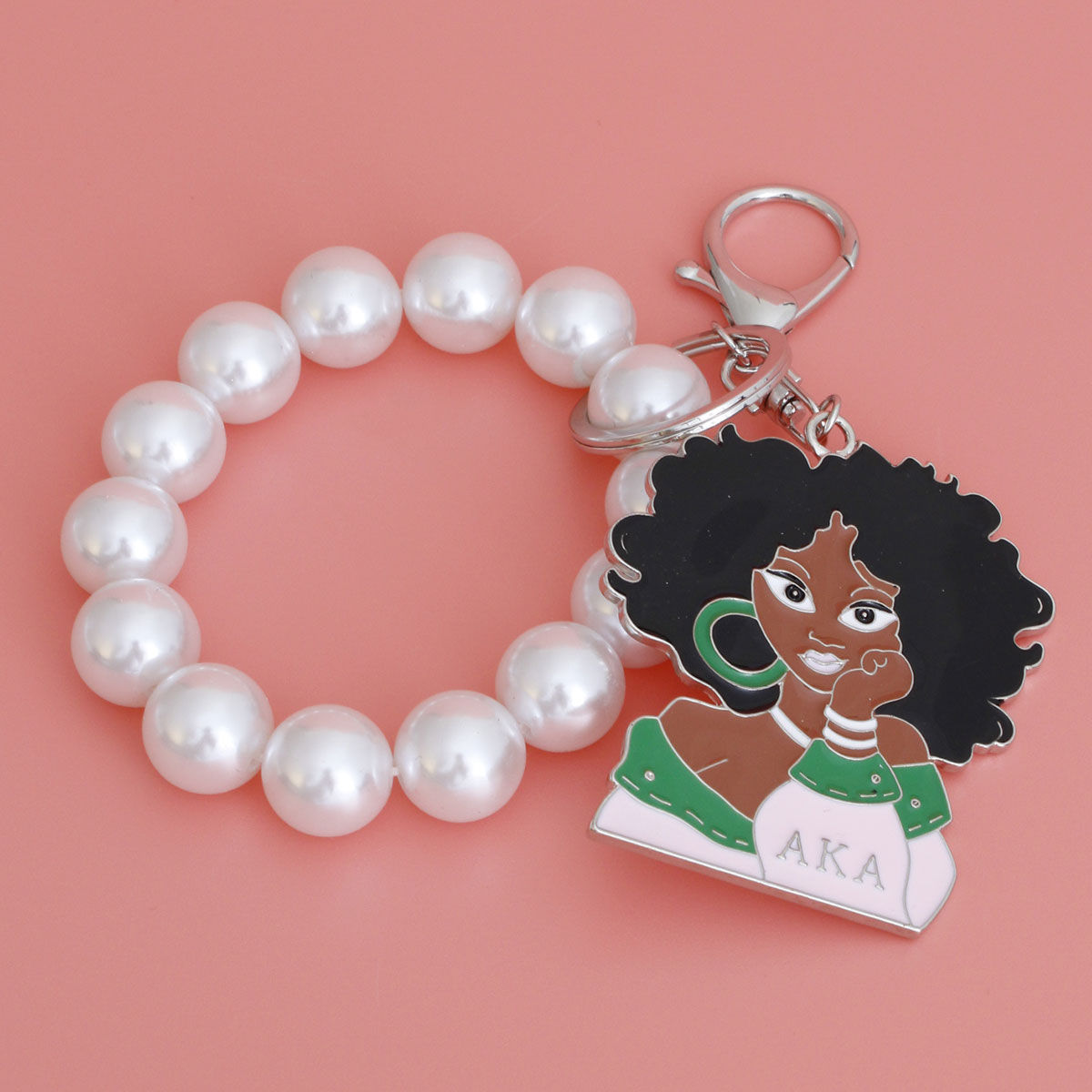 Pink Green Woman Pearl Keychain