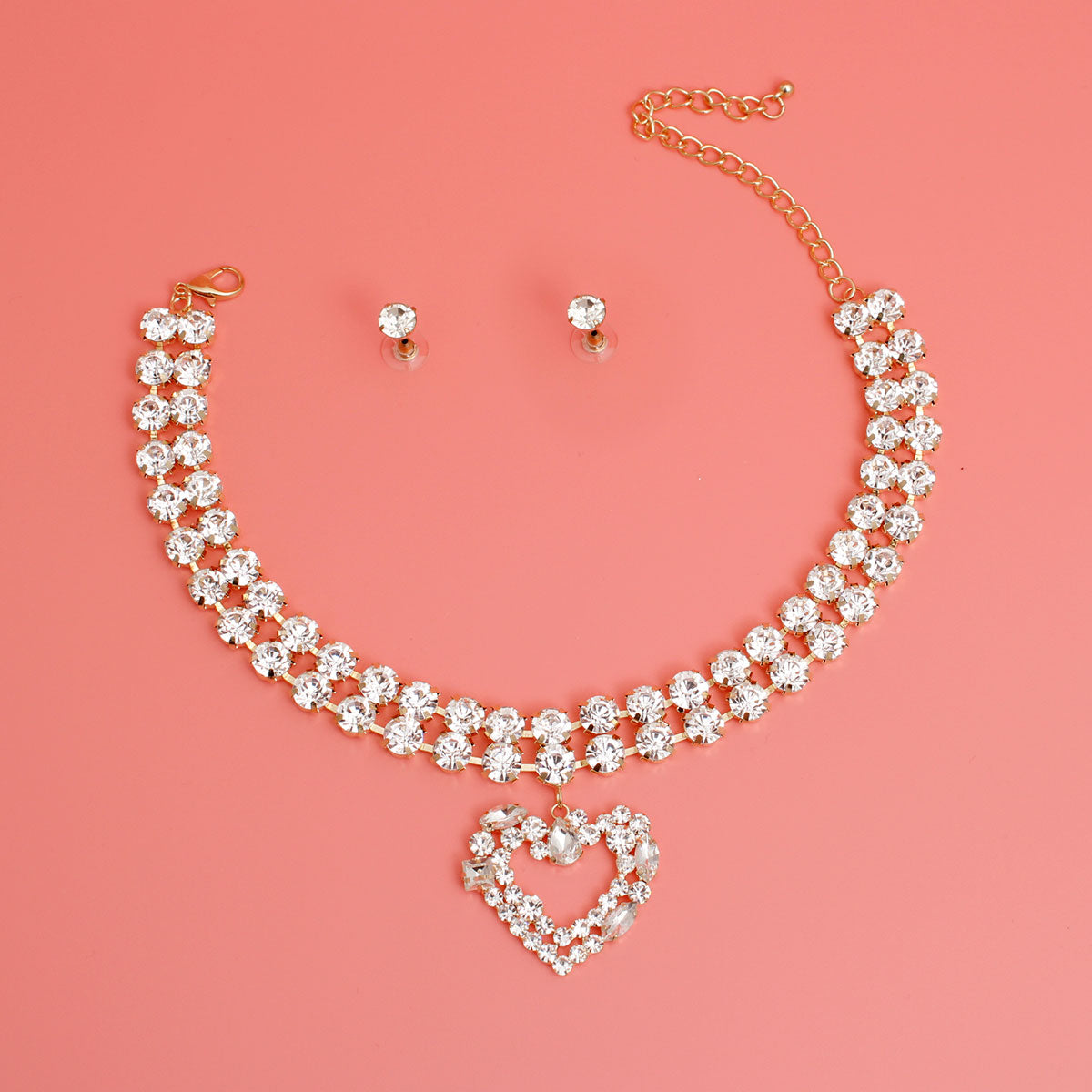 Gold Crystal 2 Row Heart Choker Set