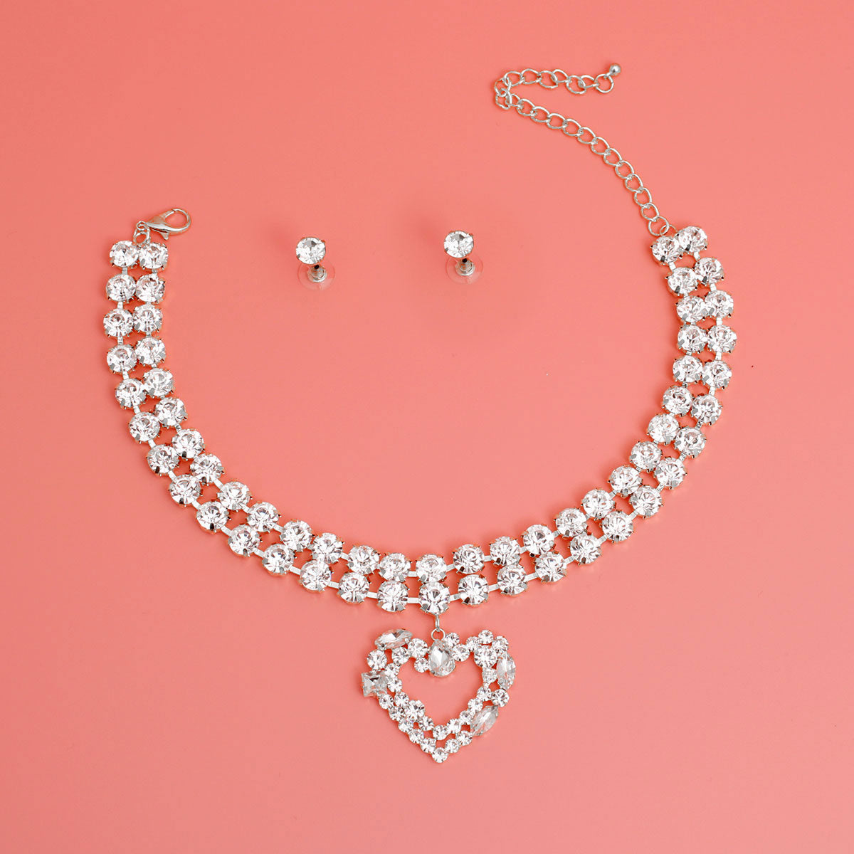 Silver Crystal 2 Row Heart Choker Set