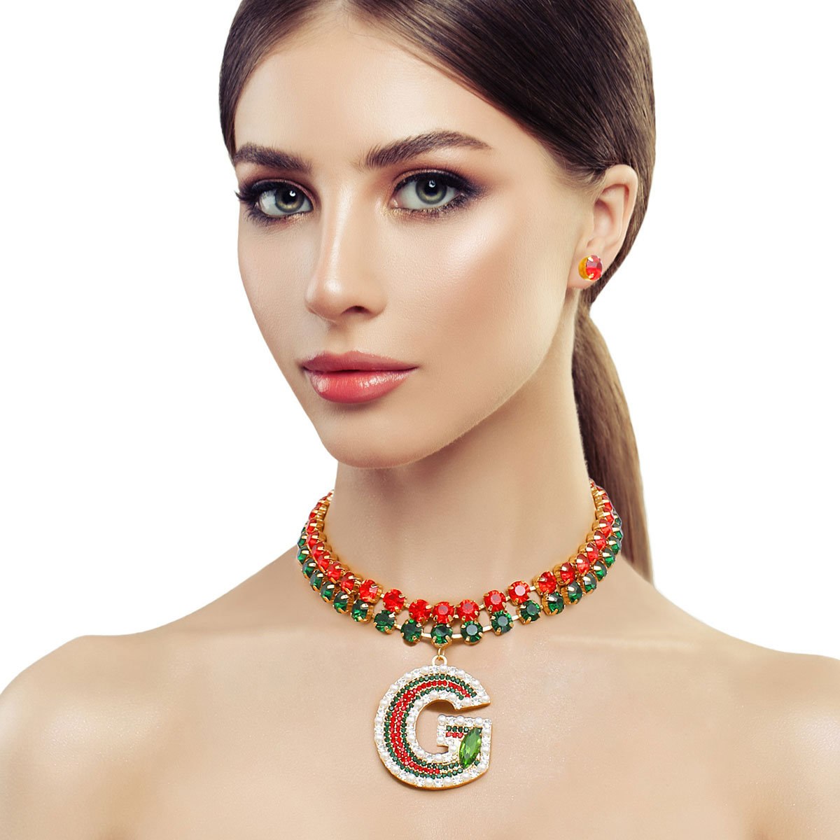 Red and Green Crystal Designer G Choker Set