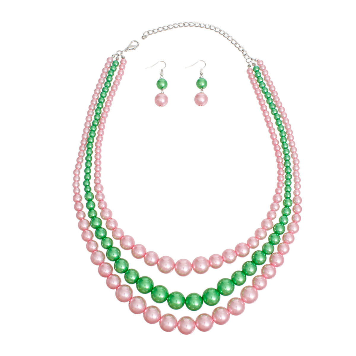 Pearl Necklace Pink Green 3 Strand for Women