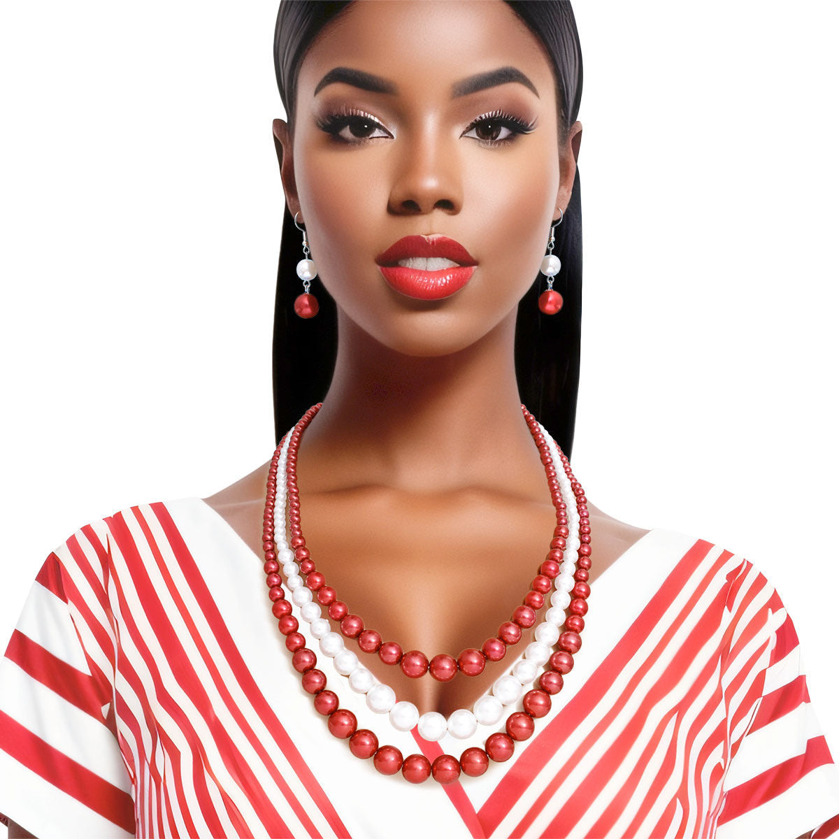 Pearl Necklace Red White 3 Strand for Women