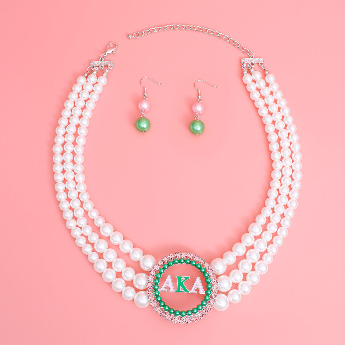 Pearl Necklace Pink Green AKA Set for Women