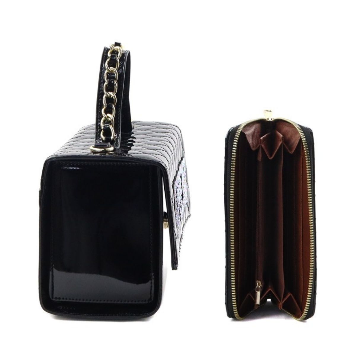 Shiny Black Quilted Queen Satchel Set