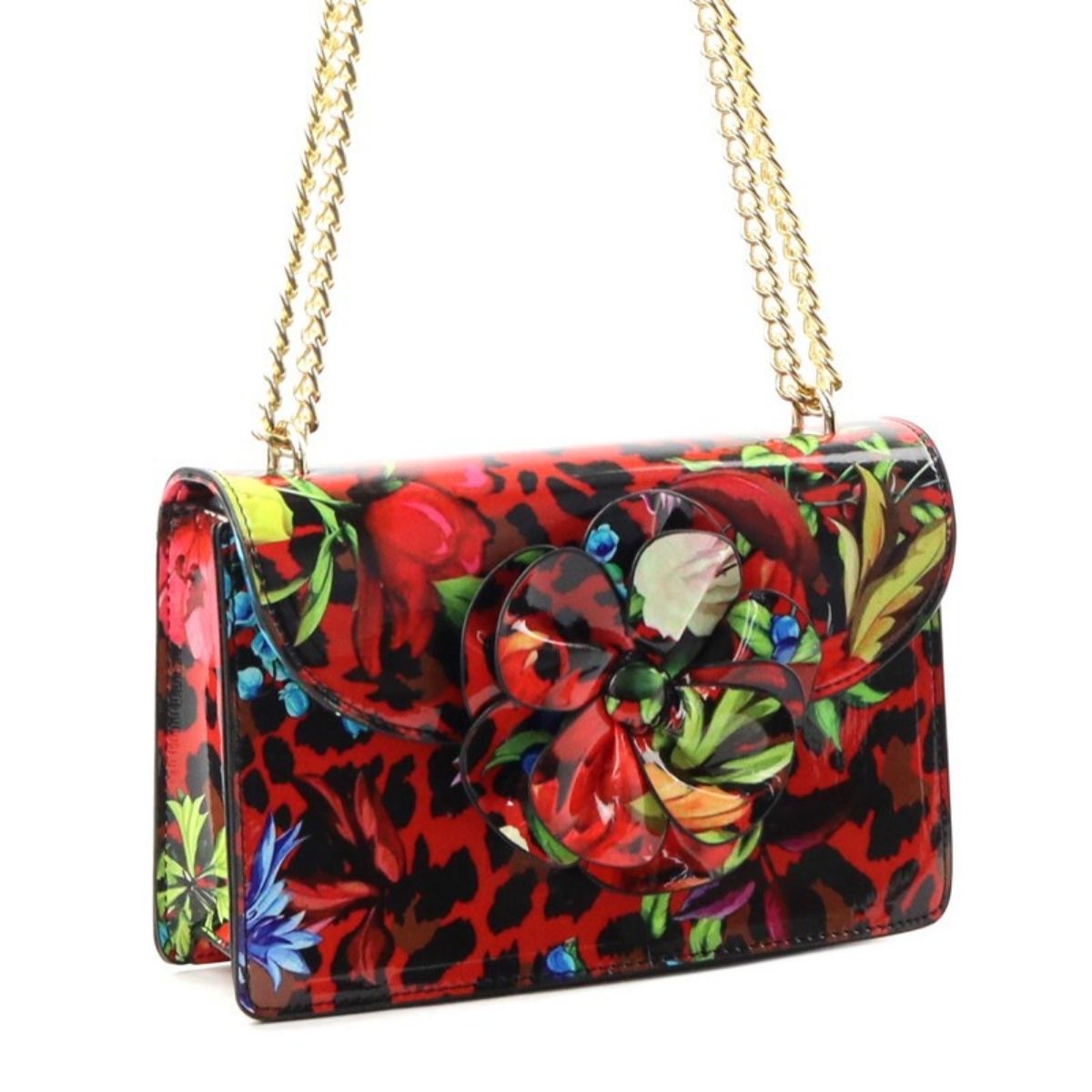 Red Leopard 3D Flower Crossbody