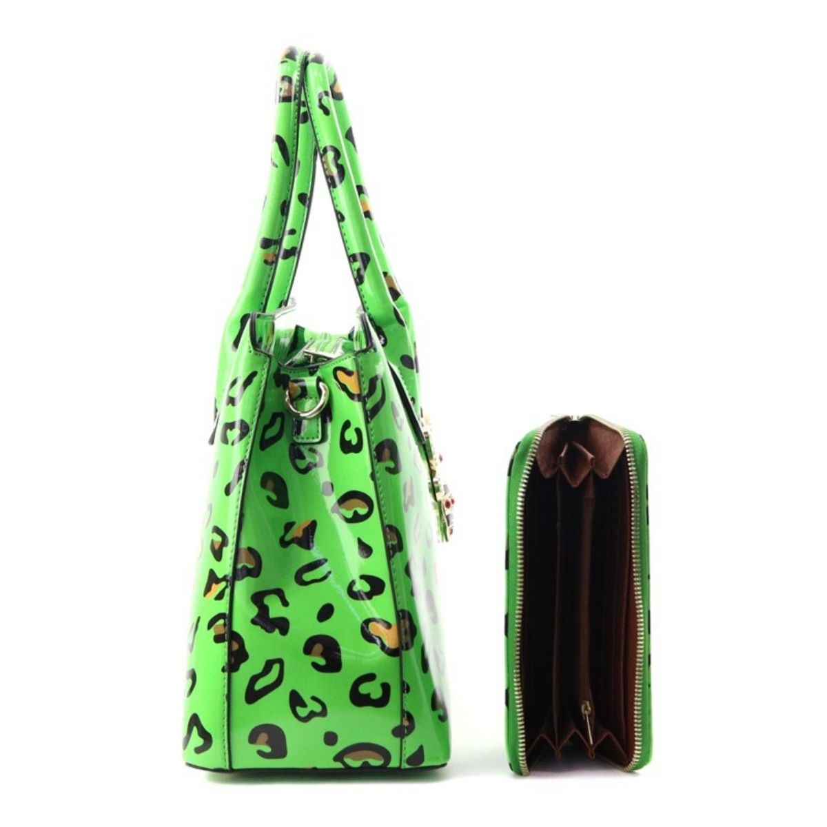 Neon Green Leopard Patent Handbag Set