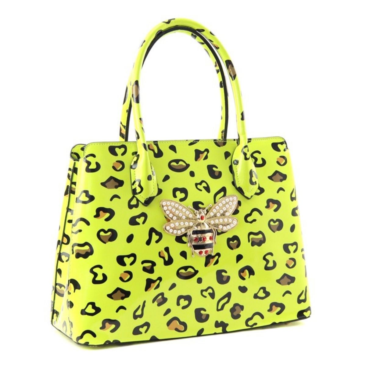 Neon Yellow Leopard Patent Handbag Set