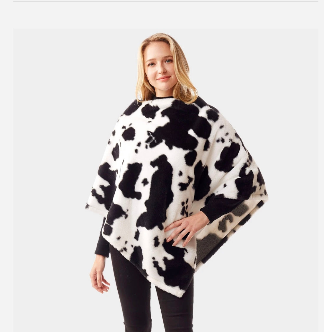 Cow print faux fur Poncho | black