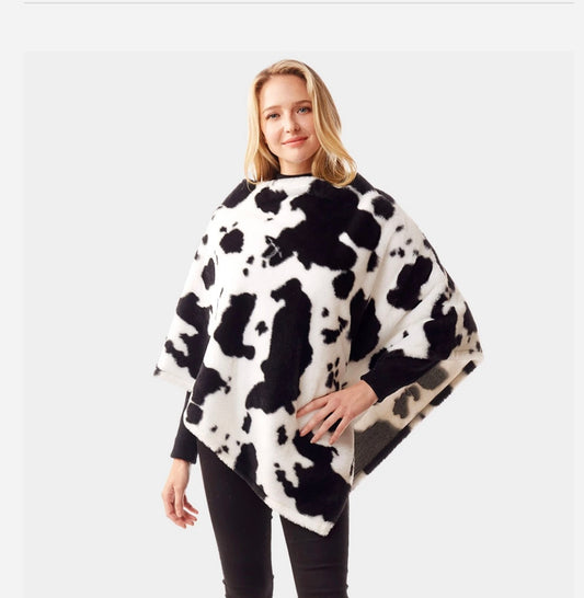 Cow print faux fur Poncho | black